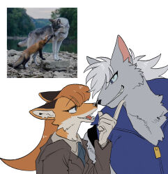 Rule 34 | animal, animal ears, blue eyes, blue sclera, brown hair, brown jacket, brown shirt, collared jacket, collared shirt, colored sclera, fox, fox ears, fox girl, furry, furry female, furry male, gloves, grey fur, grey hair, grin, hand on another&#039;s chin, high collar, highres, jacket, long hair, long sleeves, looking at another, open mouth, orange fur, original, precure, rata (norahasu), reference inset, sharp teeth, shirt, simple background, sleeveless, smile, smile precure!, teeth, upper body, white background, wolf, wolf boy, wolf ears, wolfrun