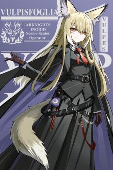 Rule 34 | 1girl, absurdres, animal ear fluff, animal ears, arknights, arm at side, belt, belt buckle, black belt, black coat, black jacket, black skirt, blazer, blonde hair, brown gloves, buckle, chain, character name, chinese commentary, closed mouth, coat, coat on shoulders, commentary, drop shadow, eyes visible through hair, facial scar, fox ears, fox girl, gloves, hair between eyes, hand up, heizi, highres, jacket, long hair, long sleeves, looking at viewer, multicolored hair, necktie, o-ring, o-ring belt, orange eyes, purple background, purple coat, red necktie, scar, scar on cheek, scar on face, skirt, solo, split mouth, standing, streaked hair, tail, tassel, two-sided coat, two-sided fabric, vulpisfoglia (arknights), white hair, white tail, yellow tail