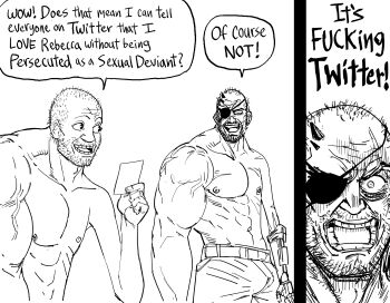 Rule 34 | 2boys, absurdres, asymmetrical arms, bb (baalbuddy), coomer (meme), cosplay, english text, eyepatch, greyscale, highres, meme, metal gear (series), metal gear solid, metal gear solid v: the phantom pain, monochrome, multiple boys, muscular, muscular male, original, simple background, speech bubble, venom snake, venom snake (cosplay), white background