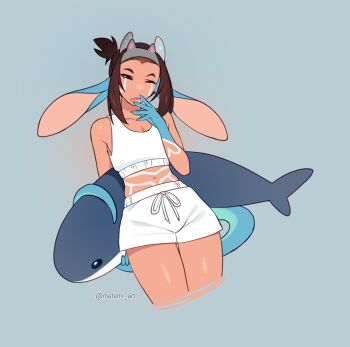 1boy absurdres animal_ears artist_name asmo_(matemi) bare_shoulders blue_background blue_skin brown_hair collarbone colored_skin crop_top dark-skinned_male dark_skin highres holding holding_stuffed_toy ikea_shark lower_teeth_only matemi navel one_eye_closed open_mouth original shorts simple_background stomach stuffed_animal stuffed_shark stuffed_toy tail tank_top teeth thighs tongue trap twitter_username white_shorts white_tank_top yawning