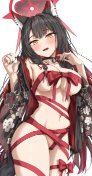 1girl absurdres animal_ear_fluff animal_ears bell black_choker black_hair black_nails blue_archive blush breasts choker cleavage colored_inner_hair commentary_request floral_print fox_ears fox_girl fox_tail halo highres large_breasts long_hair looking_at_viewer mimma_ring_(nobuyueli) multicolored_hair nail_polish naked_ribbon navel neck_bell open_clothes open_mouth red_hair red_halo red_ribbon ribbon simple_background solo stomach tail wakamo_(blue_archive) white_background yellow_eyes