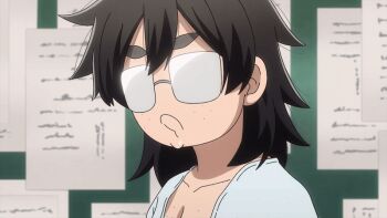 1girl 2025 20s aki_mary animated animated_gif black_hair chibi curvy doctor female_focus freckles freckles_on_breasts glasses lips medium_hair no_bra no_pupils tagme thick_eyebrows thick_lips tougen_anki yellow_eyes