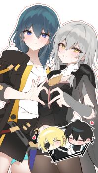2boys 2girls absurdres arm_armor armor black_armor black_hair black_jacket black_skirt blonde_hair blue_eyes breasts chibi chibi_inset closed_eyes closed_mouth clothing_cutout commentary_request cosplay costume_switch cowboy_shot crossed_arms daji dan_heng_(honkai:_star_rail) dan_heng_(hunt)_(honkai:_star_rail) dimitri_alexandre_blaiddyd dimitri_alexandre_blaiddyd_(timeskip) eyepatch female_byleth_(fire_emblem) female_byleth_(fire_emblem)_(cosplay) fire_emblem fire_emblem:_three_houses four-finger_heart_hands green_hair grey_hair hair_between_eyes heart heart_hands heart_hands_duo highres honkai:_star_rail honkai_(series) jacket long_hair looking_at_viewer medium_breasts medium_hair multiple_boys multiple_girls navel navel_cutout nintendo pantyhose parted_lips shirt short_hair shoulder_armor simple_background skirt smile spoken_character stelle_(honkai:_star_rail) stelle_(honkai:_star_rail)_(cosplay) thigh_strap trailblazer_(honkai:_star_rail) white_background white_shirt yellow_eyes