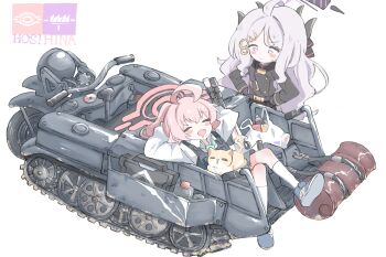 2girls :d ahoge animal animal_on_lap arms_behind_head arms_up beretta_1301 black_jacket blue_archive blue_necktie blush_stickers cat closed_eyes closed_mouth collared_shirt commentary_request crossed_legs drooling fang grey_hair grey_shoes grey_skirt gun hair_ornament hairclip halo hands_on_own_hips hina_(blue_archive) horns hoshino_(blue_archive) jacket kettenkrad knees_together_feet_apart long_hair lying mouth_drool multiple_girls necktie norippe_(user_zgsf8872) on_back on_lap open_mouth parted_bangs pleated_skirt purple_eyes shirt shoes shotgun simple_background skirt small_sweatdrop smile socks standing sweat very_long_hair weapon white_background white_shirt white_socks