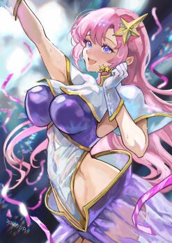 Rule 34 | 1girl, absurdres, blue eyes, blush, breasts, commentary, covered erect nipples, dated, gloves, gundam, gundam seed, gundam seed destiny, hair ornament, highleg, highleg leotard, highres, impossible clothes, impossible leotard, large breasts, leotard, long hair, meer campbell, multicolored leotard, okrdisk2000, open mouth, pink hair, purple leotard, smile, solo, star (symbol), star hair ornament, white gloves, white leotard