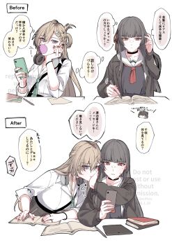 2girls aqua_necktie black_choker black_hair black_serafuku black_shirt black_skirt blowing_bubble_gum blue_eyes blush braid braided_bangs breasts chewing_gum chisa_(wuthering_waves) choker cleavage closed_mouth commentary_request earrings female_rover_(wuthering_waves) grey_hair hair_between_eyes hair_ornament hair_ribbon highres holding holding_pencil holding_phone jewelry jouhou long_hair looking_at_viewer lynae_(wuthering_waves) medium_breasts multicolored_hair multiple_girls multiple_views neckerchief necklace necktie open_mouth pencil phone red_eyes red_neckerchief red_ribbon ribbon rover_(wuthering_waves) sailor_collar school_uniform serafuku shirt simple_background skirt skull_hair_ornament star_(symbol) star_earrings streaked_hair translated very_long_hair white_background white_sailor_collar white_shirt wuthering_waves