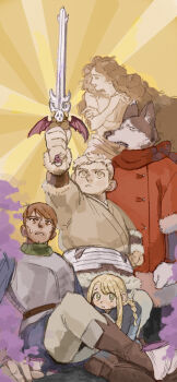 2girls 3boys armor beard_stubble black_fur black_pants blonde_hair boots bracer breastplate brown_hair brown_shoes changeling_(dungeon_meshi) chilchuck_tims chilchuck_tims_(tallman) closed_eyes coat commentary_request dog_girl dungeon_meshi dwarf facial_hair faulds frown furrowed_brow halfling highres holding holding_sword holding_weapon izutsumi izutsumi_(kobold) kensuke_(dungeon_meshi) laios_touden laios_touden_(dwarf) long_hair marcille_donato marcille_donato_(half-foot) multiple_boys multiple_girls mustache neck_warmer pants plate_armor red_coat red_scarf scarf senshi_(dungeon_meshi) senshi_(elf)_(dungeon_meshi) serious shoes sidelocks sitting spores standing stubble sweatdrop sword syugyoou039 very_long_hair weapon white_fur white_pants