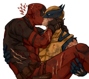 2boys absurdres artist_name beard blood blood_on_clothes brown_hair carrying carrying_person clenched_teeth commentary deadpool deadpool_&amp;_wolverine deadpool_(series) english_commentary facial_hair hand_on_another&#039;s_head heart highres kiss looking_at_another male_focus marvel marvel multiple_boys muscular muscular_male pan_od_tortur superhero_costume teeth torn_suit twitter_username white_background wolverine_(x-men) x-men yaoi