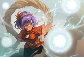 1girl arong black_skirt breasts chinese_commentary commentary danmaku energy grin hair_ornament large_breasts layered_sleeves leaf leaf_hair_ornament long_sleeves maple_leaf mirror onbashira outstretched_arm purple_hair red_eyes red_shirt rope shimenawa shirt short_hair short_over_long_sleeves short_sleeves skirt smile solo touhou yasaka_kanako