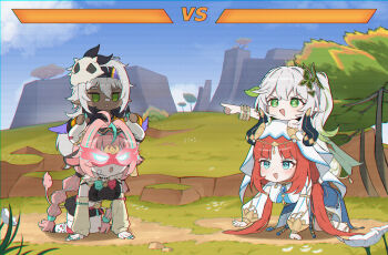 4girls absurdres all_fours animal_ears aqua_eyes aqua_hair bandaid_on_horn black_headband black_skirt blue_gemstone bracelet braid breasts circlet cliff cow_ears cow_girl cow_horns cow_tail crop_top cross-shaped_pupils dark-skinned_female dark_skin detached_sleeves ear_bell eye_mask fake_horns from_side full_body gem genshin_impact gladiator_sandals glowing glowing_eyes gradient_hair grass green_eyes green_hair hair_between_eyes hair_ornament hairband harem_outfit headband health_bar highres holding_another's_horns horns iansan_(genshin_impact) jewelry jhp987 leaf_hair_ornament long_hair long_sleeves looking_at_another low_twin_braids low_twintails mask medium_breasts multicolored_hair multicolored_hairband multiple_girls nahida_(genshin_impact) nilou_(genshin_impact) on_ground open_mouth outdoors pink_hair pink_mask pink_tail pointing pointing_at_another pointy_ears puffy_long_sleeves puffy_sleeves red_hair sandals side_ponytail skirt skull_on_head standing_on_person streaked_hair symbol-shaped_pupils tail trait_connection tree twin_braids twintails varesa_(genshin_impact) veil very_long_hair white_hair white_veil yellow_sleeves