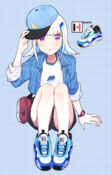 1girl adjusting_clothes adjusting_headwear alternate_costume animal_print arm_support bare_legs baseball_cap bird_print black_shorts blue_background blue_hair blue_hat blue_jacket blue_shoes character_name colored_inner_hair commentary_request cropped_jacket dotted_line fanny_pack full_body grid_background hair_ornament hand_up hat jacket knees_up lize_helesta long_hair mitsumine_(ookami_no_oyashiro) multicolored_hair nijisanji no_socks open_clothes open_jacket print_hat print_shirt red_bag sebastian_piyodore shirt shoes shorts sitting sleeves_rolled_up sneakers solo straight-on streaked_hair two-tone_hair virtual_youtuber watch white_hair white_shirt white_shoes wristwatch
