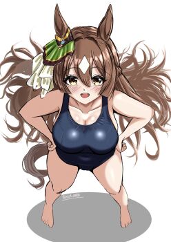 1girl animal_ears black_one-piece_swimsuit braid breasts brown_eyes brown_hair commentary_request half_up_braid hands_on_own_hips highres horse_ears horse_girl horse_tail large_breasts multicolored_hair one-piece_swimsuit pocotas satono_diamond_(umamusume) school_swimsuit simple_background solo streaked_hair swimsuit tail umamusume white_background white_hair