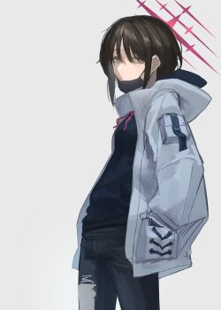 1girl black_hair blue_archive commentary_request halo hands_in_pockets hetare_galm_sue highres hood hoodie jacket long_sleeves looking_at_viewer mask misaki_(blue_archive) mouth_mask pants red_halo short_hair solo white_background