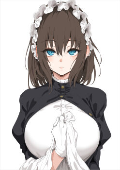1girl absurdres apron apron_lift black_dress blue_eyes blush breasts brown_hair closed_mouth clothes_lift dot_nose dress female_focus gloves highres holding_apron kyokucho large_breasts long_sleeves looking_at_viewer maid maid_apron maid_headdress maid_kyouiku_botsuraku_kizoku_rurikawa_tsubaki medium_hair official_art original rurikawa_tsubaki shirt simple_background solo white_apron white_background white_gloves white_headdress white_shirt