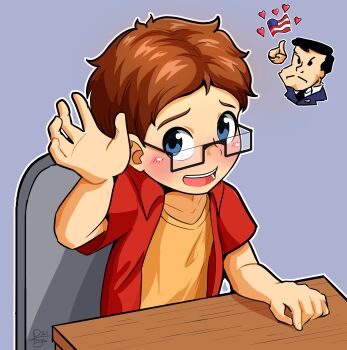 1boy american_dad! american_flag blue_background blue_eyes commentary desk english_commentary eyewear_on_head father_and_son glasses hand_up heart highres lapel_pin male_focus necktie orange_shirt protege red_hair red_shirt shirt sitting solo solo_focus stan_smith steve_smith teeth