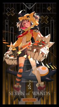 1girl ahoge animal_ear_hood belt bike_shorts bilingual_commentary black_shorts black_thighhighs blonde_hair brown_hair card_(medium) character_name commentary english_commentary english_text fake_animal_ears full_body gauntlets gigi_murin gigi_murin_(1st_costume) hair_through_hood highres hololive hololive_english hood hood_up hooded_shrug ishihara_(kuniyoshi) long_hair long_sleeves looking_at_viewer mixed-language_commentary multicolored_hair open_mouth orange_belt orange_shrug orange_thighhighs pink_eyes puffy_long_sleeves puffy_sleeves shirt shoes short_hair short_twintails shorts shrug_(clothing) single_thighhigh sneakers solo striped_clothes striped_thighhighs tail tarot tarot_(medium) teeth thighhighs twintails two-tone_hair upper_teeth_only virtual_youtuber watermark white_shirt white_shoes