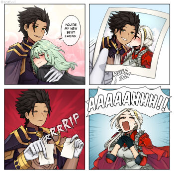 1boy 2girls absurdres anafuu black_hair breaking_up claude_von_riegan edelgard_von_hresvelg emblem female_byleth_(fire_emblem) fire fire_emblem fire_emblem:_three_houses fire_emblem_warriors:_three_hopes green_hair highres multiple_girls nintendo non-web_source scene_reference shirt the_fairly_oddparents white_shirt