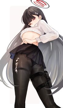 Rule 34 | 1girl, absurdres, ass, black hair, black halo, black panties, black pantyhose, black skirt, blue archive, breasts, bright pupils, chinese commentary, clothes lift, commentary request, feet out of frame, from below, hair ornament, hairclip, halo, hanchansiqingyun, highres, holster, large breasts, long hair, long sleeves, looking at viewer, looking down, miniskirt, multicolored halo, panties, panties under pantyhose, pantyhose, parted lips, pink background, pleated skirt, puffy long sleeves, puffy sleeves, red eyes, red halo, ribbed sweater, ringed eyes, rio (blue archive), skirt, solo, straight hair, sweatdrop, sweater, sweater lift, thigh holster, thighband pantyhose, torn clothes, torn pantyhose, turtleneck, turtleneck sweater, two-tone halo, underboob, underwear, very long hair, white background, white pupils, white sweater