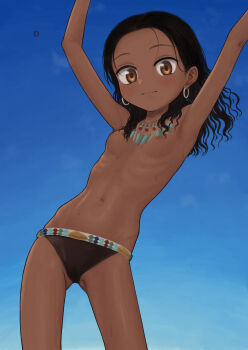 1girl armpits arms_up black_hair black_panties blue_background breasts brown_eyes closed_mouth commentary_request cowboy_shot dark-skinned_female dark_skin earrings forehead highres jewelry loli looking_at_viewer medium_hair navel nipples omodaka_(nitera1041) original panties ribs small_breasts smile solo sweat topless_female underwear underwear_only