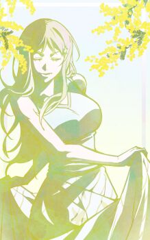 1girl bare_arms bare_shoulders bleach breasts closed_eyes closed_mouth clothes_lift cowboy_shot dress dress_lift flower grey_background hair_ornament highres inoue_orihime large_breasts long_dress long_hair n_(nauki_11) parted_bangs sketch sleeveless sleeveless_dress snowflake_hair_ornament solo yellow_flower