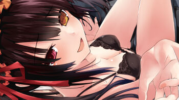 Rule 34 | 1girl, bare shoulders, black bra, black hair, blush, bra, breasts, cleavage, clock eyes, commentary, commission, date a live, eyelashes, foreshortening, frilled hairband, frills, from above, gluteal fold, hairband, hand up, heterochromia, iwashi dorobou -r-, lace, lace-trimmed bra, lace trim, lingerie, lolita hairband, long hair, looking at viewer, medium breasts, on lap, open mouth, pov, red eyes, ribbon, shiny skin, sidelocks, sitting, smile, solo, symbol-shaped pupils, thigh gap, thighs, tokisaki kurumi, twintails, underwear, yellow eyes