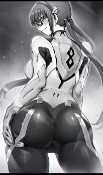 1girl absurdres ass ass_focus blush bodysuit breasts cameltoe cowboy_shot evangelion:_2.0_you_can_(not)_advance evangelion:_3.0_you_can_(not)_redo from_below glasses highres long_hair looking_over_shoulder makinami_mari_illustrious mecha_pilot_suit medium_breasts monochrome neon_genesis_evangelion niwarhythm plugsuit_(evangelion) rebuild_of_evangelion smug solo thick_thighs thighs twintails upper_body