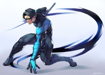 1boy arm_blade batman_(series) black_hair blue_bodysuit bodysuit boots closed_mouth dc_comics dick_grayson domino_mask escrima_stick eye_mask full_body gradient_background highres holding holding_weapon kotatsu_(g-rough) legs_apart male_focus mask muscular nightwing serious solo squatting weapon