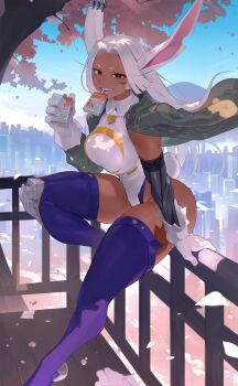 1girl absurdres animal_ears blue_sky boku_no_hero_academia breasts cherry_blossoms cityscape collared_leotard commentary commission covered_navel crescent_print dark-skinned_female dark_skin drink_carton english_commentary falling_petals gloves green_jacket hand_on_railing hand_up highleg highleg_leotard highres holding holding_juice_box jacket jacket_on_shoulders juice_box knee_up kopam large_breasts leotard long_eyelashes long_hair looking_at_viewer mechanical_arms mechanical_ears mechanical_legs mirko mouth_hold notched_ear on_railing parted_bangs petals purple_thighhighs rabbit_ears rabbit_girl rabbit_tail railing red_eyes scar scar_on_leg scarf single_mechanical_arm single_mechanical_leg sitting sky smile solo tail taut_leotard thick_thighs thighhighs thighs toned toned_female tree very_long_hair white_gloves white_hair white_leotard