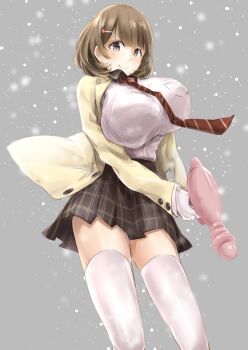 1girl absurdres breast_pocket breasts breasts_day brown_coat brown_hair coat commentary_request dress_shirt floating_neckwear gloves good_breasts_day hair_ornament hairclip heart heart_hair_ornament highres holding_ray_gun huge_breasts impossible_clothes impossible_shirt looking_at_viewer miniskirt narusawa_ryouka necktie occultic;nine pleated_skirt pocket school_uniform science_adventure seimei_high_school_uniform shirt skirt smile snow solo striped_clothes striped_necktie thighhighs white_gloves white_thighhighs yakku