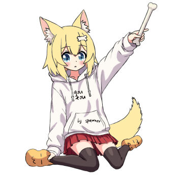 1girl animal_ear_fluff animal_ears blonde_hair blue_eyes bone fox_ears fox_girl fox_tail full_body holding hood hoodie long_sleeves parted_lips red_skirt sitting skirt solo spawner_(shiwang) tail thighhighs white_background