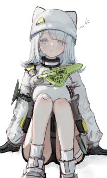 1girl animal_ear_headwear animal_ears animal_hat arknights arknights:_endfield bandaid bandaid_on_cheek bandaid_on_face black_bodysuit blue_eyes blush bodysuit breasts cat_hat estella_(arknights) fake_animal_ears gauze gauze_on_knee gauze_on_leg gloves hashtag-only_commentary hat hat_with_ears highres long_sleeves looking_at_viewer medium_breasts open_mouth opuricheri pouch shoes shrug_(clothing) simple_background sleepy socks solo thigh_pouch white_background white_hair white_hat white_shoes white_shrug white_socks