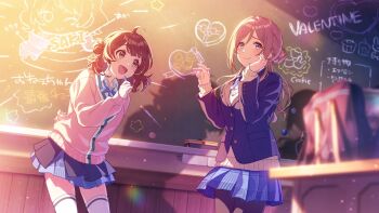 ahoge bag blazer blue_eyes brown_hair buttons cardigan chalk chalkboard collared_shirt cupcake drawing_(object) english_text eraser food gakuen_idolmaster game_cg hanami_ume heart himesaki_rinami holding idolmaster jacket japanese_text layered_skirt neck_ribbon official_art one_eye_closed open_mouth pantyhose pink_cardigan rabbit ribbon school_uniform shadow shirt skirt smile sweater_vest thighhighs white_thighhighs yellow_eyes