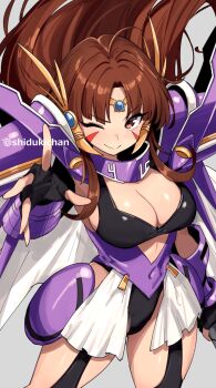 1girl armor artist_name black_gloves black_leotard breasts brown_hair cleavage closed_mouth clothing_cutout commentary_request cutout_above_navel facial_mark fingerless_gloves floating_hair forehead_jewel ginga_ojou-sama_densetsu_yuna gloves grey_background hair_intakes hand_up highres impossible_clothes kousaka_erika large_breasts leotard long_hair looking_at_viewer one_eye_closed outstretched_arm purple_armor red_eyes shigatsu_shizuki shoulder_armor simple_background smile solo thighs v-shaped_eyebrows