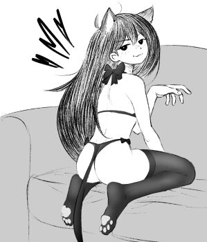 1girl :3 ahoge animal_ears ass back bare_arms bare_shoulders bow bra bright_pupils cabronpr cat_ears cat_girl cat_tail commentary couch double-parted_bangs english_commentary fingernails from_behind full_body greyscale hair_behind_ear hair_between_eyes hand_up hatching_(texture) heart highres kemonomimi_mode long_hair looking_at_viewer looking_back mari_(faraway)_(omori) mari_(omori) monochrome no_shoes omori on_couch panties parted_lips paw_pose paw_print_soles simple_background sitting solo tail thighhighs underwear v-shaped_eyebrows very_long_hair wariza white_background
