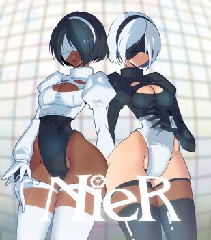 2b_(nier:automata) 2girls 2p_(nier:automata) absurdres black_hair black_leotard black_thighhighs blindfold breasts cleavage copyright_name covered_eyes curvy dark-skinned_female dark_skin feather-trimmed_sleeves gjh gloves groin high_collar highleg highleg_leotard highres leotard lips mole mole_under_mouth multiple_girls nier:automata nier_(series) puffy_sleeves shiny_skin small_breasts thighhighs white_hair white_leotard white_thighhighs wide_hips