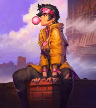 1girl absurdres black_hair blowing_bubble_gum breasts chewing_gum choker cityscape coat earrings eyewear_on_head gloves highres jacket jewelry jubilee lightning_bolt_earrings lightning_bolt_symbol long_coat marvel marvel_snap mooncolony official_art pink-tinted_eyewear pink_shirt rooftop shirt short_hair sitting_on_building skyline solo superhero_costume supja tinted_eyewear x-men yellow_coat yellow_jacket