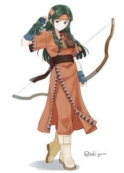 1girl absurdres blue_gloves blunt_ends boots bow_(weapon) closed_mouth commentary_request eyelashes fingerless_gloves fire_emblem fire_emblem:_the_binding_blade full_body gloves green_eyes green_hair headband highres looking_at_viewer nintendo pants red_headband red_pants simple_background solo standing sue_(fire_emblem) tsukimura_(d24f4z8j3t) weapon white_background white_boots