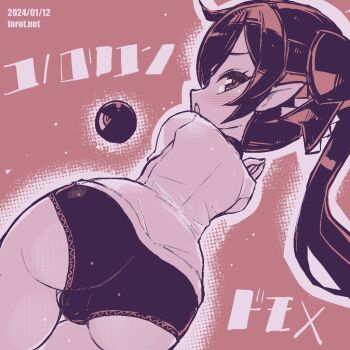 1girl ass backbeako_(torotei) backbeard blush buruma cameltoe commentary dated dated_commentary dutch_angle female_focus from_behind gegege_no_kitarou gym_shirt hair_ribbon hands_up kono_lolicon_domome loli long_hair looking_at_viewer looking_back monochrome open_mouth original paid_reward_available pink_background pointy_ears ribbon shirt short_sleeves simple_background solo torotei translated twintails watermark web_address