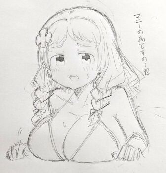 1girl :3 bikini blush braid breasts cleavage commentary_request flower graphite_(medium) greyscale hair_flower hair_ornament large_breasts long_hair looking_at_viewer love_live! love_live!_superstar!! low_twin_braids monochrome onitsuka_natsumi open_mouth simple_background sketch solo string_bikini sweatdrop swimsuit traditional_media twin_braids upper_body white_background yoshinuta