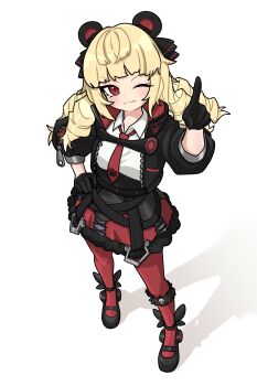 1girl absurdres animal_ears bear_ears black_gloves blonde_hair blonde_ojousama_(sagix) blush commission drill_hair fake_animal_ears full_body ghostfox9 gloves highres jacket long_hair looking_at_viewer mary_janes necktie one_eye_closed original pantyhose pixiv_commission pointing pointing_up red_pantyhose shadow shoes skirt smile solo