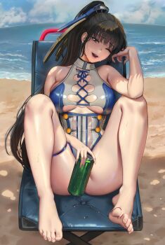 1girl absurdres bare_shoulders barefoot beach black_hair blood_edge_(stellar_blade) breasts can cleavage cleavage_cutout clothing_cutout cloud collarbone commission cross-laced_clothes cross-laced_one-piece_swimsuit drink_can eve_(stellar_blade) female_focus highres large_breasts looking_at_viewer midsummer_alice_(stellar_blade) mymzi ocean one_eye_closed open_mouth ponytail sand shiny_skin sitting sky soda_can spread_legs stellar_blade thigh_strap thighs water wet wink