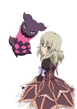 Rule 34 | 1girl, artist request, blonde hair, bow, commentary, cowboy shot, creature, cropped jacket, doll, dress, elize lutus, frills, from behind, game cg, green eyes, looking at viewer, medium hair, official art, open mouth, purple bow, purple dress, purple ribbon, ribbon, sitting, solo, tales of (series), tales of asteria, tales of xillia, teepo (tales), third-party source, transparent background