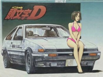 1girl ae86 alternate_costume belly bikini blunt_bangs bob_cut bra breasts brown_eyes brown_hair car cosplay costume crop_top fujiwara_takumi&#039;s_toyota_trueno_ae86 high_boots high_heels initial_d lipstick makeup medium_breasts midriff mogi_natsuki motor_vehicle official_art panties pink_bikini pink_bra pink_panties race_queen race_track race_vehicle racecar racetrack sandals shigeno_shuuichi short_hair swimsuit thighs third-party_edit toyota toyota_sprinter_trueno underwear