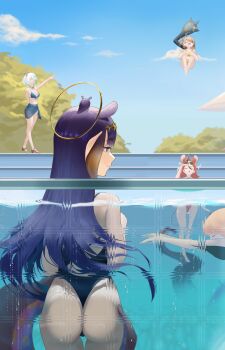 4girls absurdres against_glass ahoge alternate_costume animal_ears ass bikini black_hair black_one-piece_swimsuit blonde_hair blue_bikini blue_eyes blue_sarong blue_sky blunt_bangs breasts brown_hair cecilia_immergreen center-flap_bangs closed_mouth cloud colored_inner_hair commentary commission day derivative_work english_commentary gigi_murin gold_bikini gradient_hair green_hair grey_hair hair_ornament hakos_baelz halo highres hololive hololive_english long_hair looking_at_another medium_breasts mole mole_under_eye mouse_ears mouse_girl mouse_tail multicolored_hair multiple_girls nikatsun ninomae_ina'nis one-piece_swimsuit one_side_up orange_hair outdoors outstretched_arm partially_submerged pointing pointy_ears pool purple_hair red_hair sarong short_hair sidelocks sky smile solo_focus straight_hair streaked_hair swimming swimsuit tail takanashi_kiara tentacle_hair tentacles very_long_hair virtual_youtuber white_hair winding_key