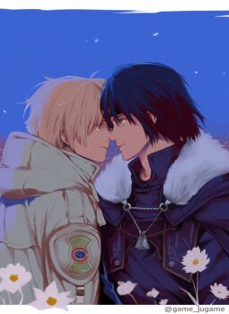 Rule 34 | 2boys, ashton anchors, blue eyes, brown hair, claude c. kenny, closed mouth, commentary request, facing another, flower, fur trim, garuru (game jugame), gloves, green eyes, headband, male focus, multiple boys, short hair, star ocean, star ocean: the second story, staring