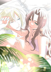 Rule 34 | 1boy, 1girl, aerith gainsborough, bare shoulders, bed sheet, blonde hair, blue eyes, brown hair, cloud strife, couple, dress, final fantasy, final fantasy vii, final fantasy vii rebirth, final fantasy vii remake, green eyes, hair between eyes, hand on another&#039;s chest, hetero, highres, kiiti kagamiike, long hair, on bed, one eye closed, palm leaf, parted bangs, parted lips, pillow, pink dress, short hair, sidelocks, spiked hair, topless male, upper body, wavy hair