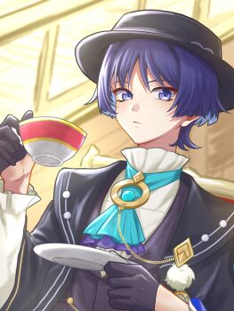 Rule 34 | 1boy, ascot, black cloak, black gloves, black hat, black vest, blue ascot, blue gemstone, blue pupils, blunt ends, boater hat, brooch, chain, chair, cloak, closed mouth, cropped, cup, dress shirt, eyeliner, eyeshadow, formal clothes, frilled ascot, frilled shirt collar, frilled sleeves, frills, gem, genshin impact, gloves, gold, gold chain, half gloves, hat, highres, holding, holding cup, holding plate, indoors, jewelry, layered ascot, long sleeves, looking at viewer, makeup, male focus, official alternate costume, plate, pom pom (clothes), purinigax, purple ascot, purple eyes, purple hair, red eyeliner, red eyeshadow, ringed eyes, scaramouche (genshin impact), shirt, solo, stairs, teacup, tsurime, undershirt, upper body, vest, wanderer (genshin fes 2026) (genshin impact), wanderer (genshin impact), white shirt, white sleeves, wispy bangs