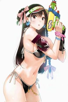 1girl bikini black_bikini black_gloves black_hair bow braid breasts cowboy_shot earrings finger_on_trigger gloves hair_bow highres holding holding_water_gun jewelry kanojo_okarishimasu large_breasts long_hair looking_at_viewer medium_breasts miyajima_reiji mizuhara_chizuru navel official_art parted_lips pink_bow red_eyes side-tie_bikini_bottom sideboob single_glove solo stomach swimsuit thighs visor_cap water_gun white_background
