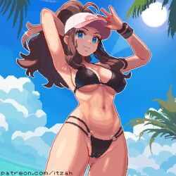1girl animated armpits arms_behind_head arms_up artist_name baseball_cap beach bikini black_bikini blue_eyes bracelet breasts brown_hair cameltoe cloud covered_erect_nipples cowboy_shot female_focus gluteal_fold groin hands_behind_own_head happy hat hilda_(pokemon) itzah jewelry legs legs_together long_hair looking_at_viewer looking_down medium_breasts navel nintendo outdoors palm_leaf patreon_username pixel_art poke_ball pokemon pokemon_bw ponytail sky smile source_request stomach sun swimsuit thighs video wide_hips