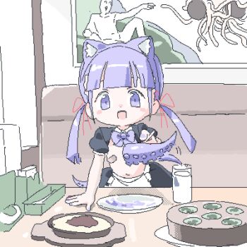 1girl ^_^ ^q^ animal_ear_hairband animal_ears apron arm_support bandaid bandaids_on_nipples black_skirt black_sleeves blunt_bangs blush_stickers booth_seating bow bowtie cat_ear_hairband cat_ears closed_eyes cup drinking_glass fake_animal_ears fine_art_parody flat_chest flying_spaghetti_monster food_request hair_ribbon hairband holding holding_skewer indoors lokulo-chan_(lokulo_no_mawashimono) lokulo_no_mawashimono loli long_hair looking_at_viewer low_twintails lowres open_mouth original parody pasties plate puffy_short_sleeves puffy_sleeves purple_bow purple_bowtie purple_eyes purple_hair red_ribbon reference_request restaurant ribbon short_sleeves shrug_(clothing) skewer skirt smile solo standing tentacle_tail tentacles the_creation_of_adam topless_female twintails waist_apron